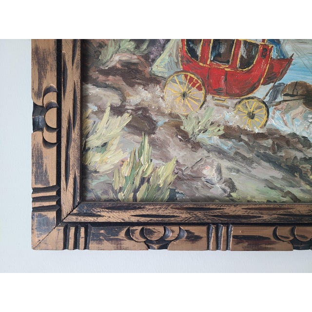 Vintage 1960s Americana Folk Art Oil Painting Wild West Stagecoach & Horses For Sale - Image 13 of 16
