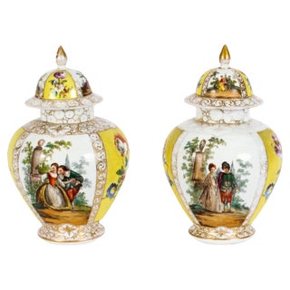 Early 20th Century Dresden Lidded Porcelain Vases & Covers, 1890s, Set of 2 For Sale