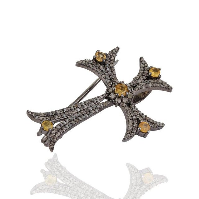 Gemstone Antique Style Yellow Sapphire & Diamond Flared Cross Pendant Brooch For Sale - Image 7 of 12