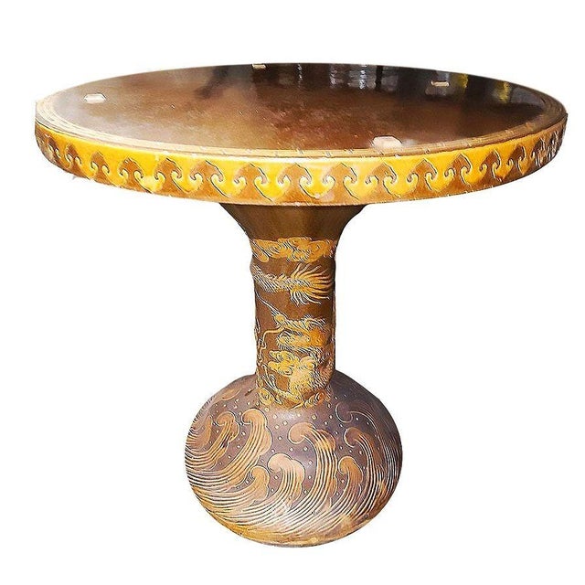 Art Deco 1950s Chinese Dragon Ceramic Glazed Pedestal Table W/ 4 Ceramic Garden Stools For Sale - Image 3 of 11