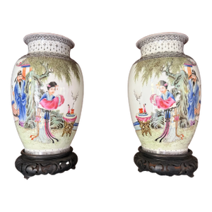 Pair of Early 20th Century Chinese Porcelain a Famille Rose Ovoid Vases