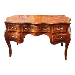 French Rococo Desk – Large Brown Executive Table With Glass Top & Gold Leaf Details For Sale