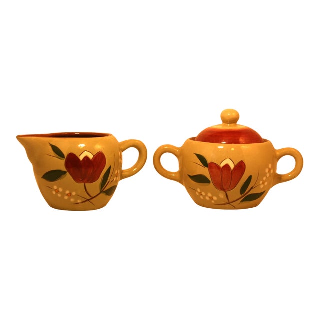 Vintage Stangl Pottery 1950s Magnolia Pattern Lidded Sugar Bowl & Creamer Set- 2 Pieces For Sale