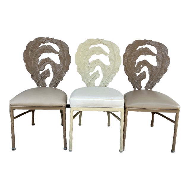 Vintage Hollywood Regency Era Banana Leaf Cast Aluminum Chairs 3 Pieces For Sale