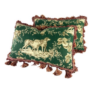 Handsome Schumacher Tasseled Hunting Dog Toile Pillows / Pair For Sale
