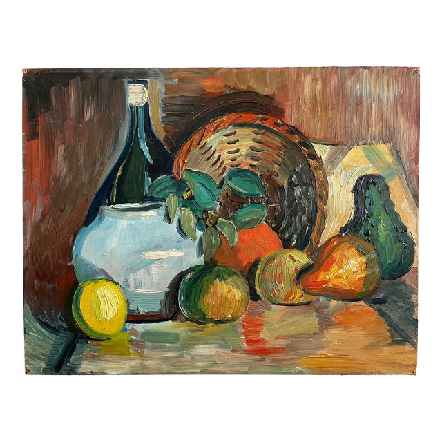 1940s Vintage Oil Painting Still Life With Basket, Fruit, Vase, and Bottle, Unsigned For Sale