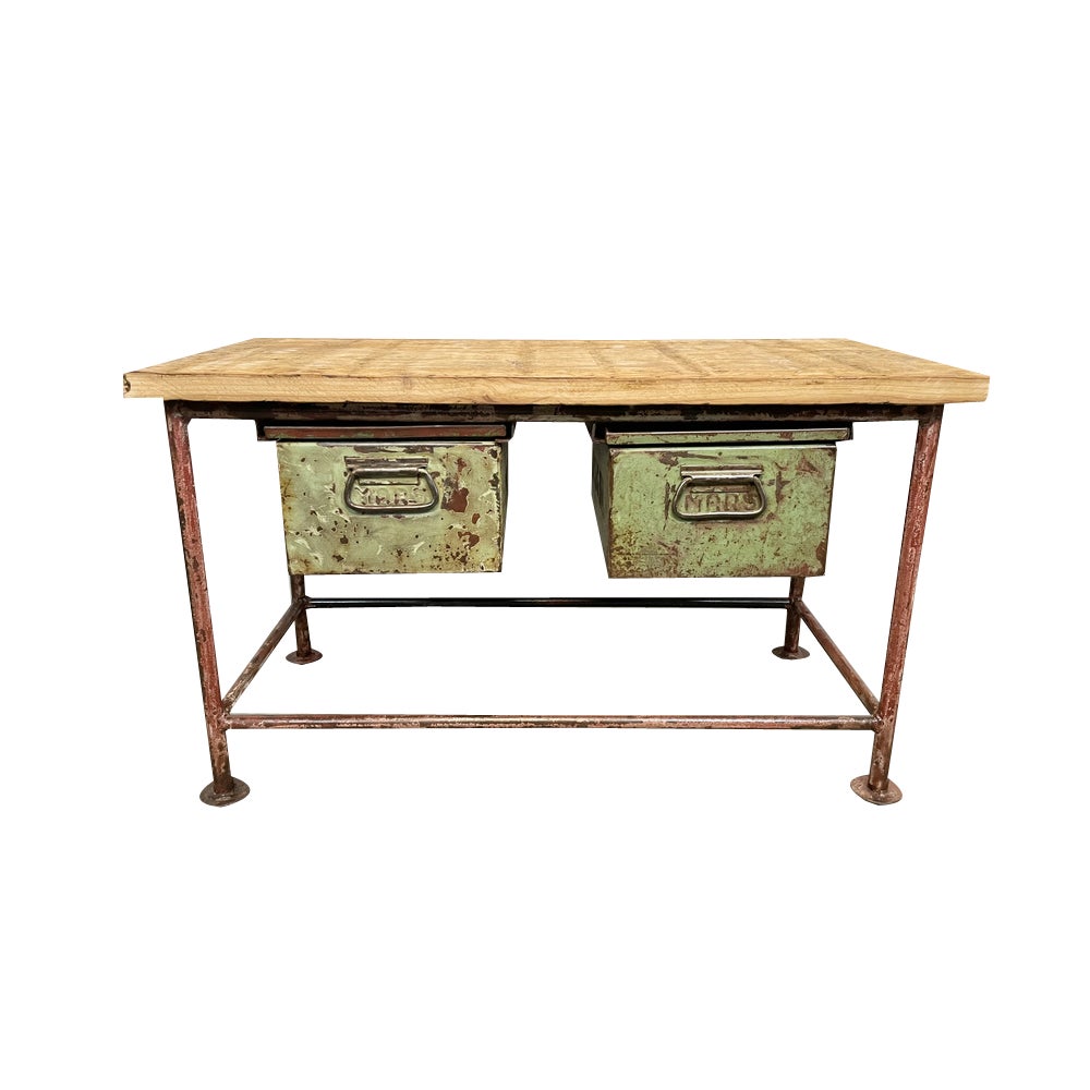 Red Industrial Worktable with Two Green Iron Drawers, 1960s | Chairish
