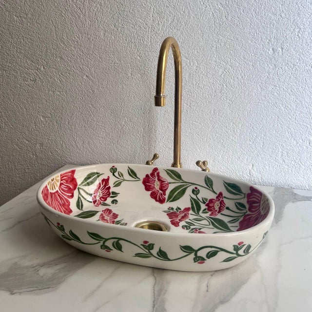 20" Red Flower Oval Vessel Sink, Hand-Painted Moroccan Ceramic Bathroom Basin Add a bold floral statement to your space...