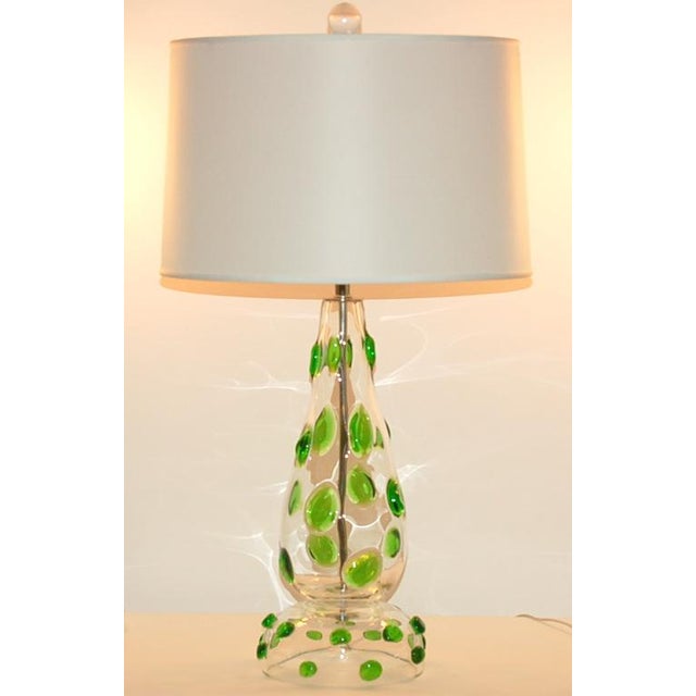 These lamps are of clear glass with vibrant EMERALD GREEN applied glass prunts all over! This extremely rare pair is the...