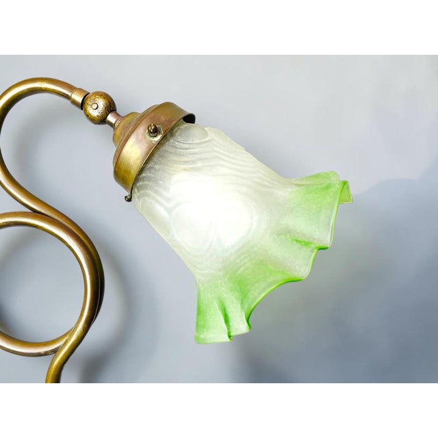 Art Nouveau Whiplash Curve Brass Tulip and Green Glass Table Lamp, 1950s For Sale - Image 10 of 14