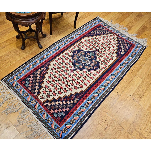 1900 - 1909 Vintage Persian Senneh Kilim Area Rug, Handwoven Wool, Floral Pattern, Ivory & Blue, 3x6 For Sale - Image 5 of 15