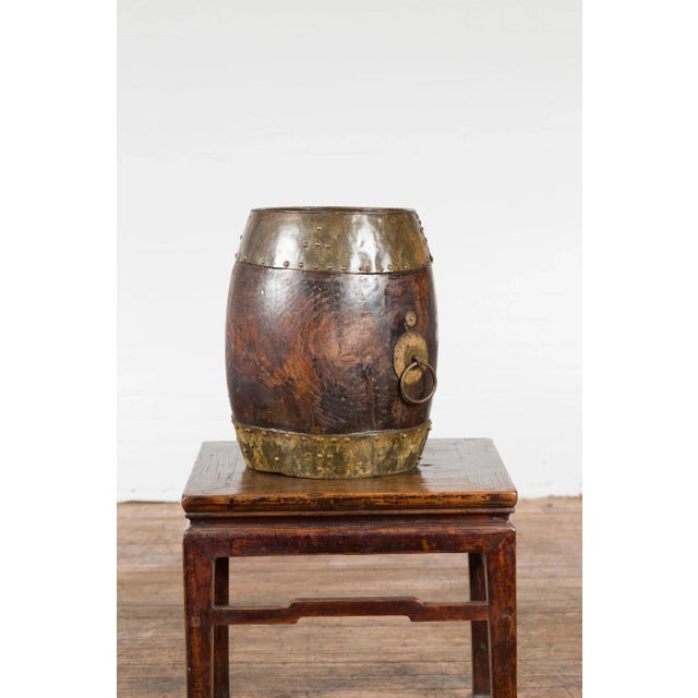 Chinese Vintage Rustic Wooden Bucket with Brass Accents and Backplate For Sale - Image 4 of 12
