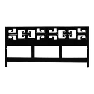 Mid-20th Century Chinoiserie Hollywood Regency King Headboard Greek Key Meander Fretwork Black Painted Hardwood For Sale