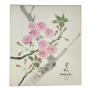 1960s Somyo Ueki Japanese Cherry Blossom Sumi-E Painting Ink Drawing Signed