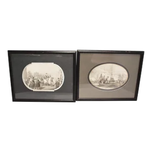Antique Early American Framed Engravings Presidential and Military Scene - a Pair