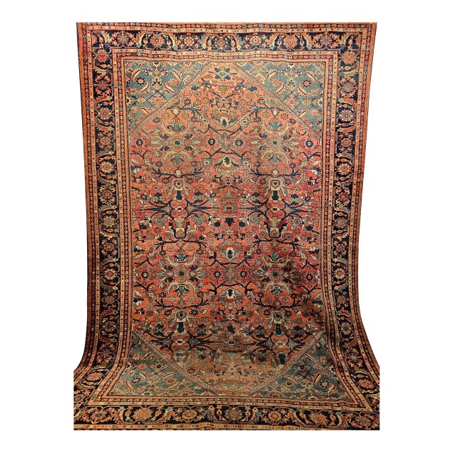 Antique Persian Mahal Sultanabad Rug, Hand-Knotted Wool, Geometric Pattern, Rust & Turquoise, 9x12 For Sale