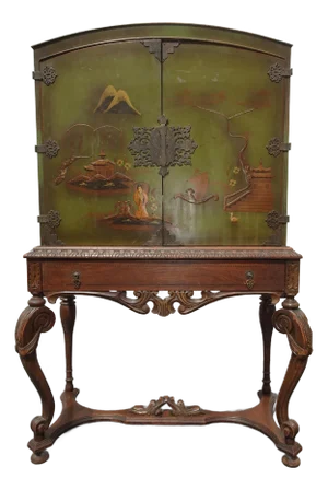 Antique Oriental Asian Chinoiserie Green Display Cabinet on Stand Cabriole Legs