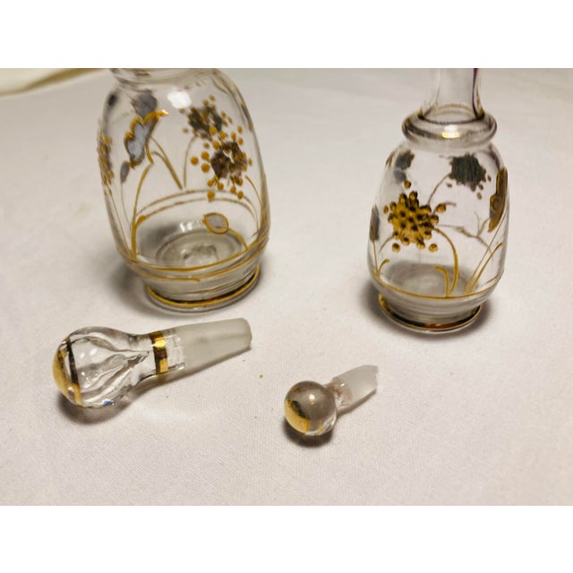 Glass Antique Blown Glass Perfume Bottles With Enamel Painting One Large One Small With Stoppers For Sale - Image 7 of 8