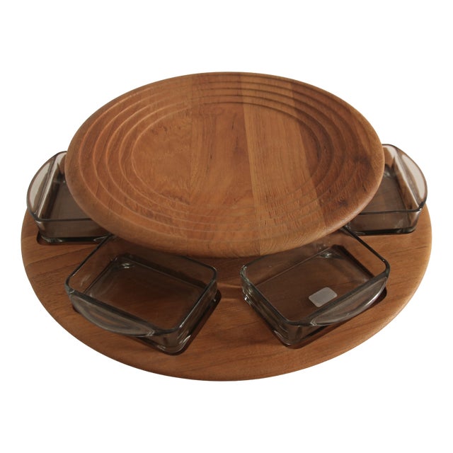 Danish Teak Carousel with Six Glass Bowls by Digsmed, 1960s, St of 7 For Sale