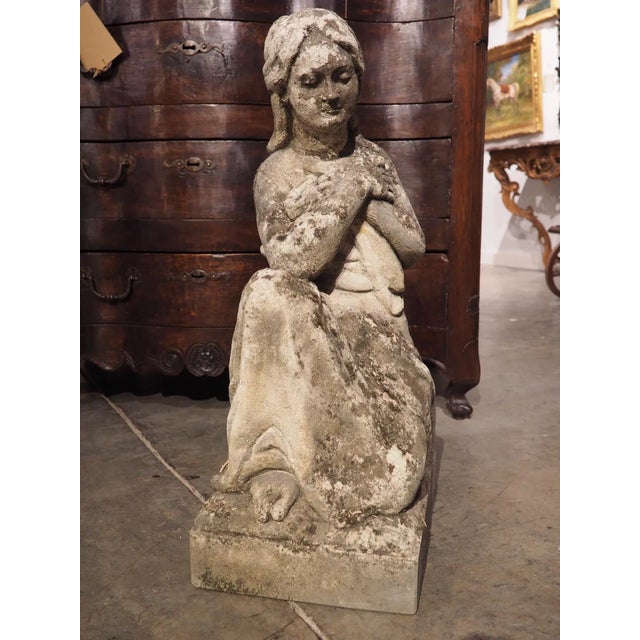Gray Carved Italian Limestone Statue of a Woman Holding a Bird For Sale - Image 8 of 13