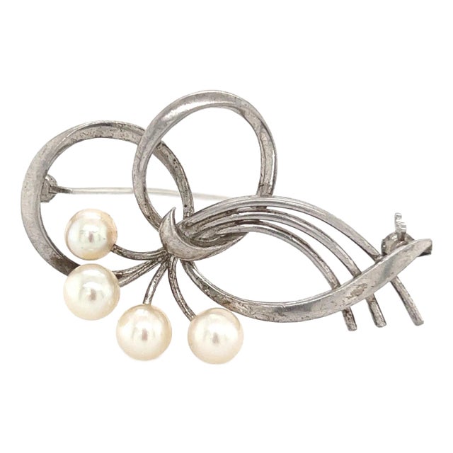 1990s Mikimoto Estate Akoya Pearl Brooch Sterling Silver For Sale