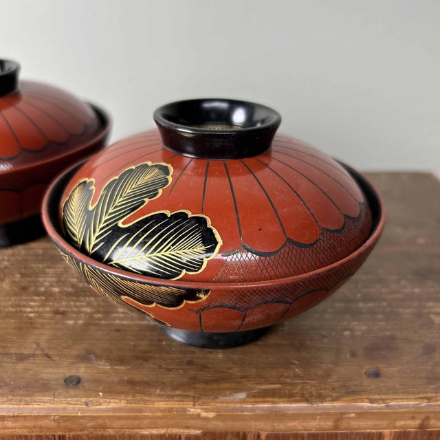 Beautiful set of 10 Wajima lacquerware bowls from the 1970s, complete with original wooden storage box. Dimensions: Bowl...