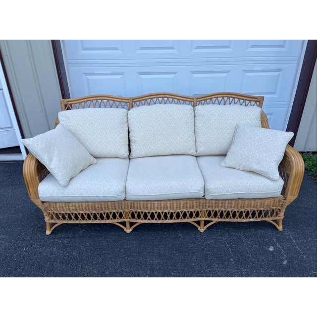 Henry Link Vintage Henry Link Wicker Rattan Sofa – Scalloped Braided 3-Seater Couch White For Sale - Image 4 of 10