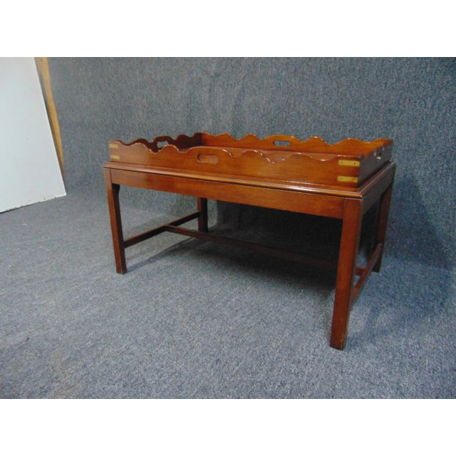 English Chippendale Campaign style coffee table , quality made , solid mahogany, brass mounts , tray top lifts off for...