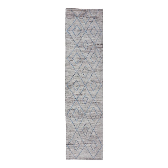 Modern Tribal Runner in Wool With Sub-Geometric Diamond Design in Cream and Blue 3'6 X 15'9 For Sale