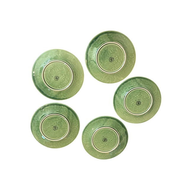 Green Bordallo Pinheiro Majolica Plates With Strawberry Leaf Motif - Set of Five For Sale - Image 8 of 10