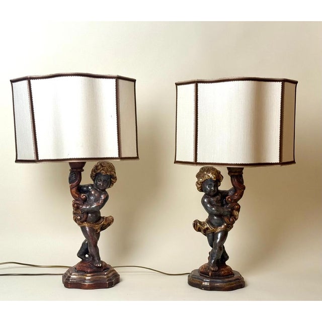 Hollywood Regency Italian Putti Table Lamps in Giltwood, 1970s, Set of 2 For Sale - Image 3 of 18