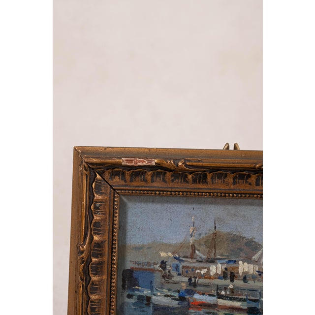 French Antique French Oil on Board of Boats in Harbor For Sale - Image 3 of 5