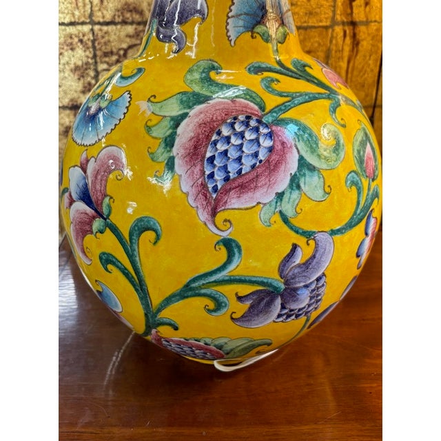 Mid Century Italian Yellow Glazed Ceramic Lamp With Birds and Flowers - Signed For Sale - Image 4 of 8