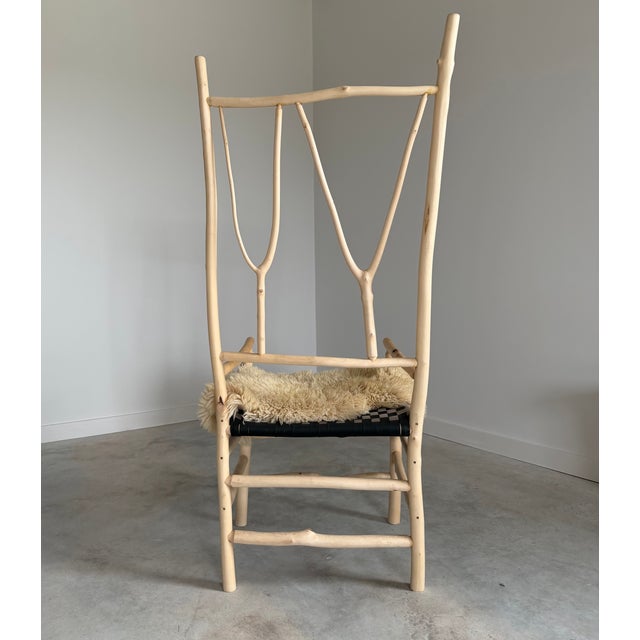 Tall Artist-Made Studio Craft Twig Chair + Woven Checkerboard Seat + Sheepskin For Sale - Image 17 of 17