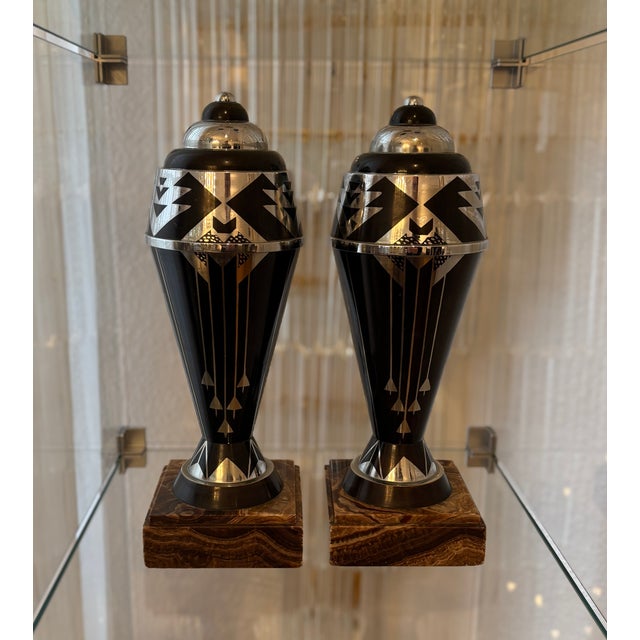 Art Deco Black and Silver Vases on Marble Bases, 1920s, Set of 2 For Sale - Image 3 of 5