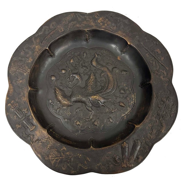 Brown Antique Chinese Bronze Octagonal Dragon and Phoenix Plates For Sale - Image 8 of 15