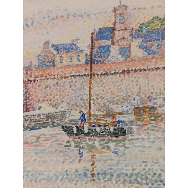 1950s French Mid-Century Impressionist Watercolor "Le Port De Concarneau" by Yvonne Canu For Sale - Image 4 of 15