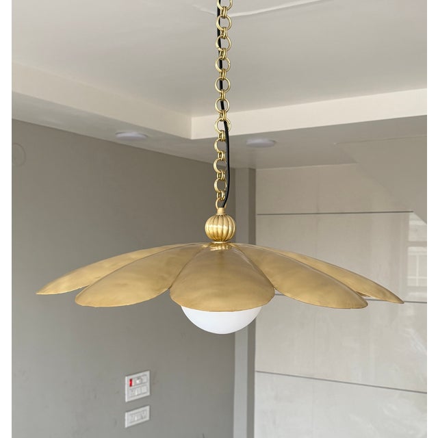 Pure Brass Handmade Pendant Light, Brushed Brass Flower Chandelier, Milk Glass Globe Pendant Lamp, Floral Lighting Fixture For Sale - Image 4 of 9