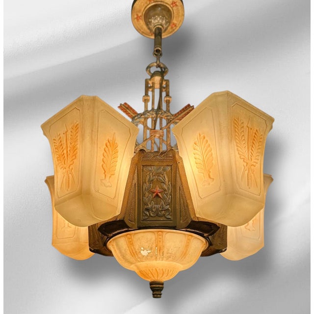 This unique Art Deco slip shade chandelier comes with two matching sconces! Each part is all original, including the...