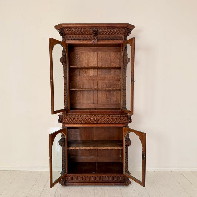 Antique Neo-Renaissance Oak Bookcase with Figural Carvings, 1870 For Sale - Image 4 of 16