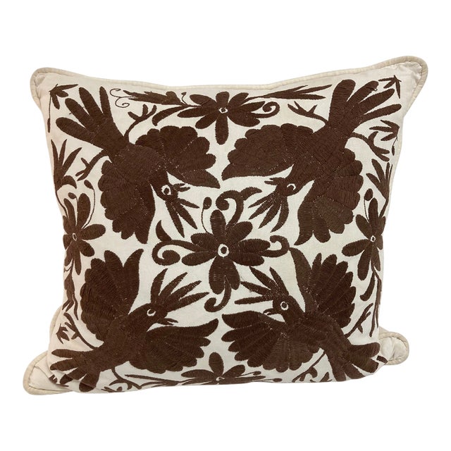 Crewel Work Embroidered Brown Bird Toss Pillow -1 For Sale