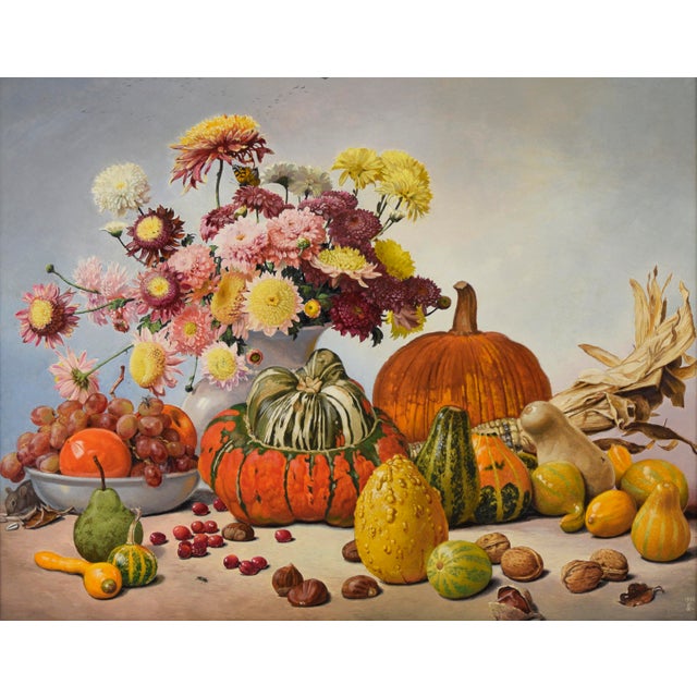 Autumn Gift - Seasonal Harvest Still Life with Flowers by Albin Kern. This still life by Austrian-American painter Albin...