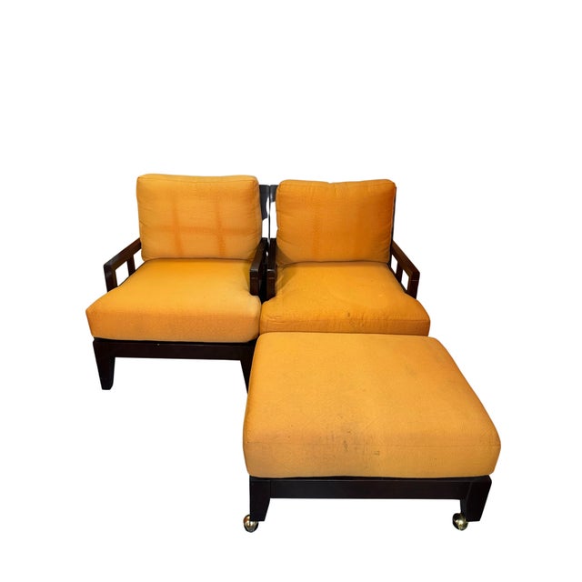 Bernhardt Bernhardt Pair of Lounge Chairs and Ottoman, Dark Wood Frames, Orange Cushions For Sale - Image 4 of 6