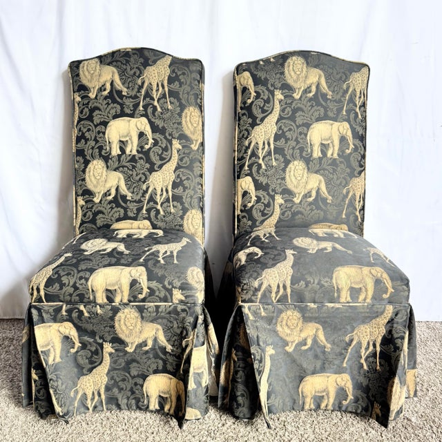 Vintage Regency Black and Gold Animals Skirted Parsons Dining Chairs - Set of 4 For Sale - Image 4 of 10