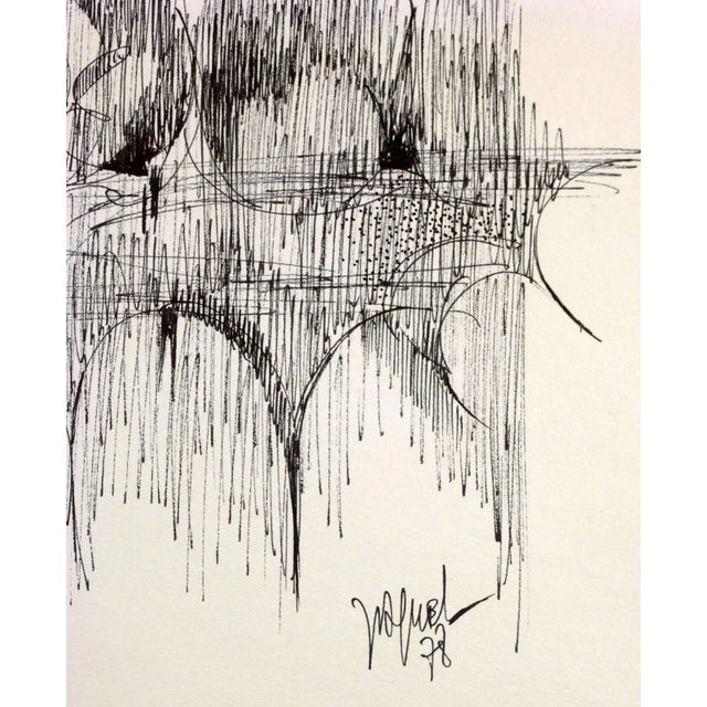 Fluid pen and ink abstract by French artist Jaquel, 1978. Signed lower right. Original artwork on paper displayed on a...