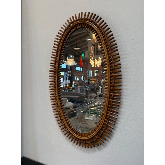 Mid-Century Italian Oval Rattan and Wicker Sunburst Mirror, 1960s For Sale - Image 4 of 7