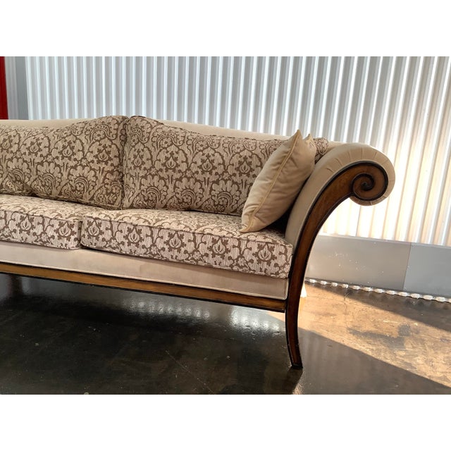 Textile Upholstered Sofa With Carved Wood Frame and Scrolled Arms For Sale - Image 7 of 12