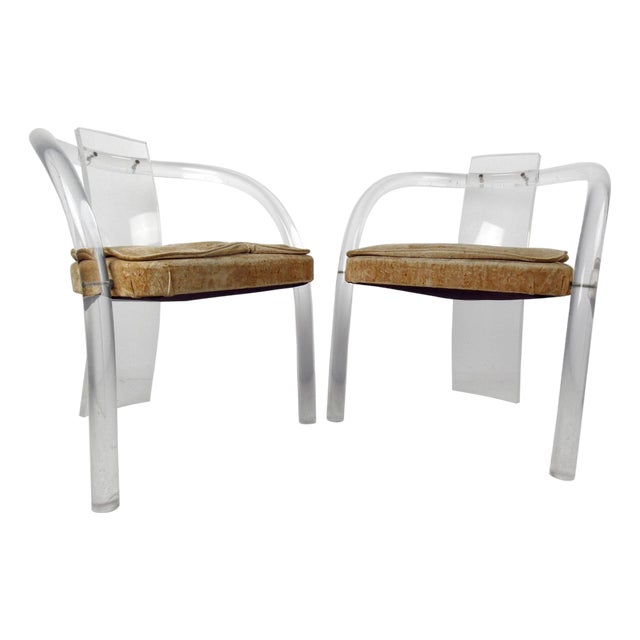 Mid 20th Century Lucite Chairs with Upholstered Cushions - 2 Pieces For Sale