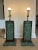 Pair of mid-century modern Zarebski table lamps. Lamps have intricate Mayan design made of malachite, framed in mahogany....