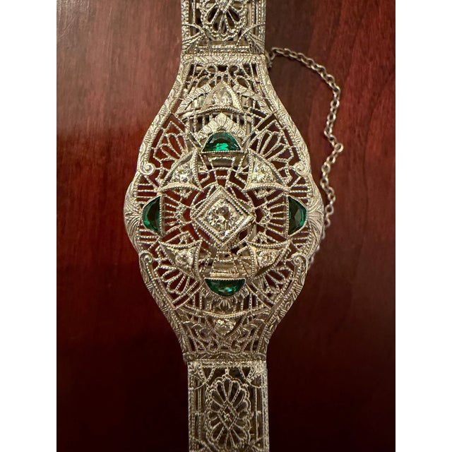 1920s Art Deco Platinum & 14k Gold Estate Emerald & Diamond Bracelet For Sale - Image 14 of 18